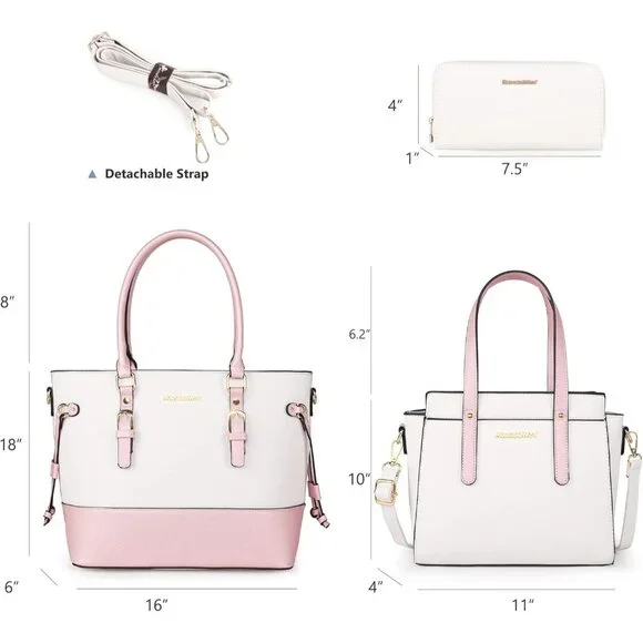 Womens Beige & Pink 3PCS Purses Set Tote Bag Wallet & Shoulder Satchel Handbags - Picture 5 of 6